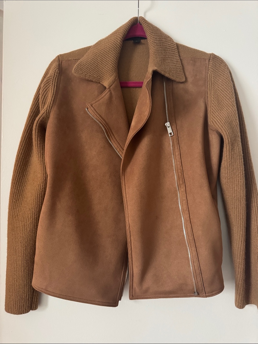 Ann Taylor Camel Suede Bomber Jacket with Ribbed Knit Sleeves
